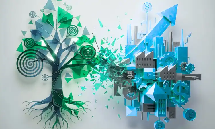 Geometric style design representing the challenge of balancing sustainability concerns against business interests, with a tree on one side offset against business related imagery.