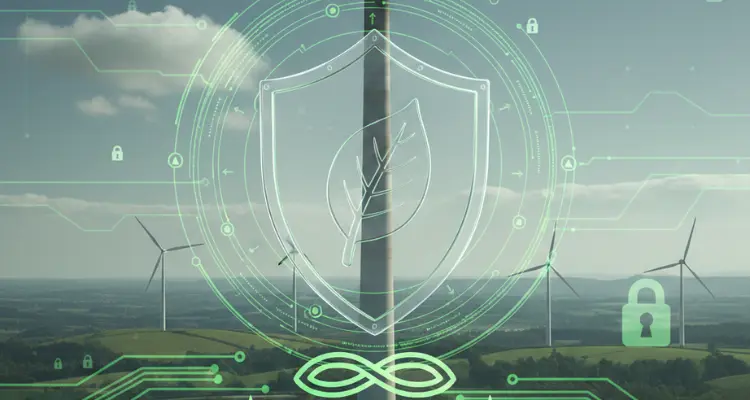 Image representing regulation of green claims, displaying a background setting of renewables against an overlaid image of a shield.