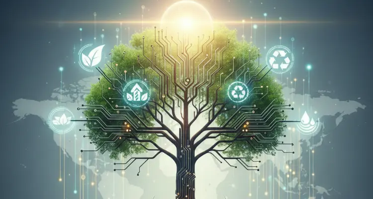 Image representing sustainable business intelligence, showing symbols associated with sustainability within a growing tree.