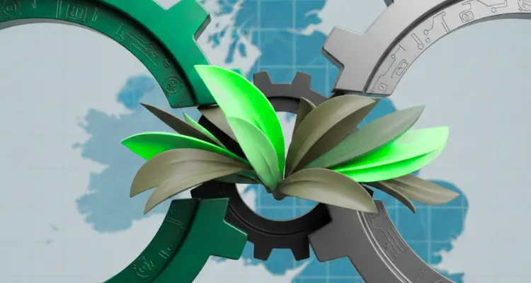 Image representing regulation of green claims in the UK, should a green plant shoot set against the backdrop a UK map.